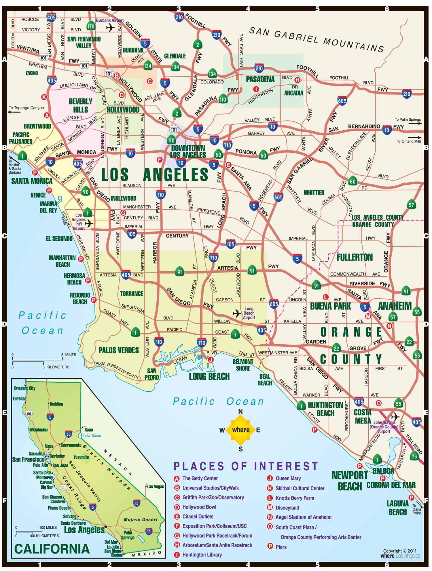 Madurar Organizar Mediante Mapa de Los Ángeles y sus alrededores - Mapa de los ÁNGELES y alrededores  (California - USA)