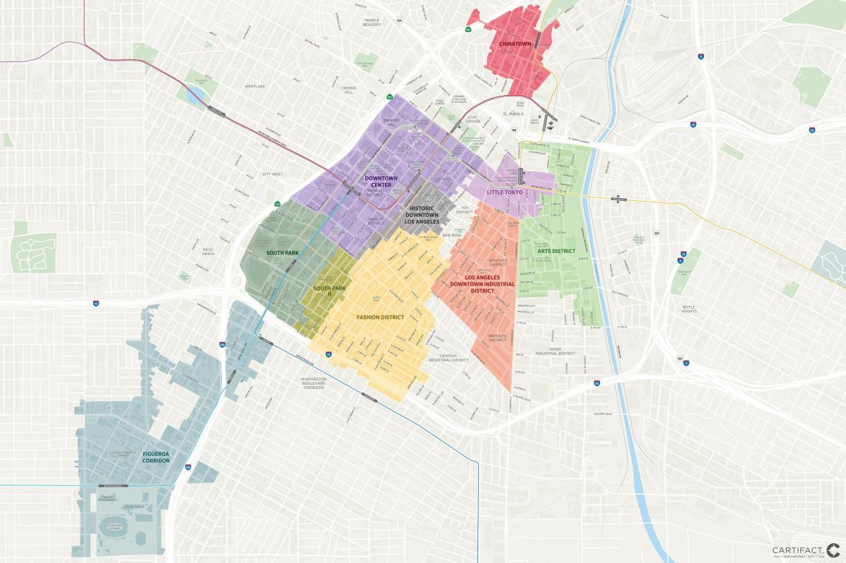 mapa del centro de la ciudad de Los Ángeles distritos 