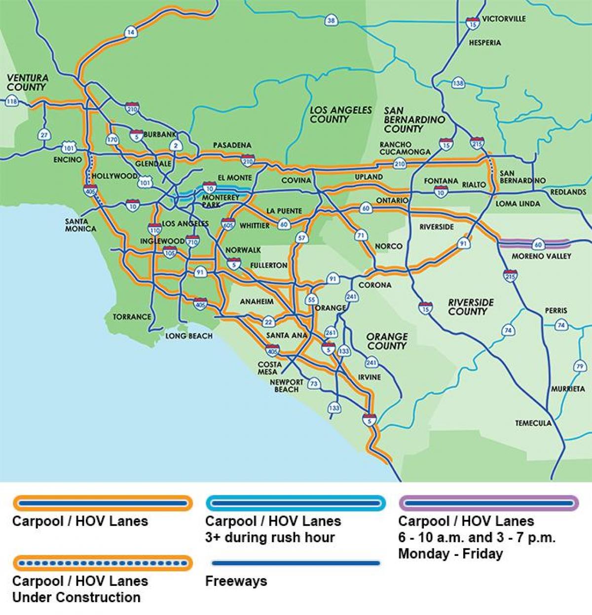 Los Ángeles carriles de viajes compartidos en mapa